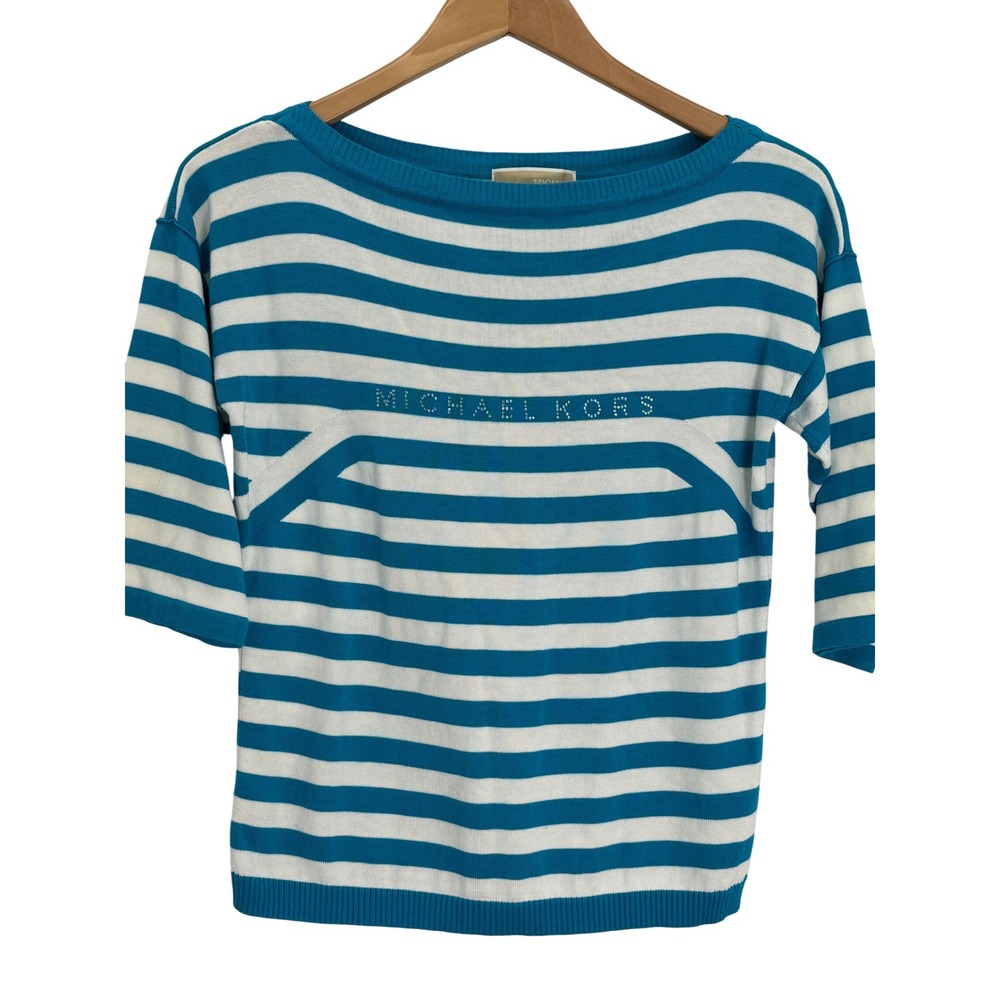 Michael Kors Striped Boat Neck 3/4 Sleeve Sweater Blouse Top Womens P/S